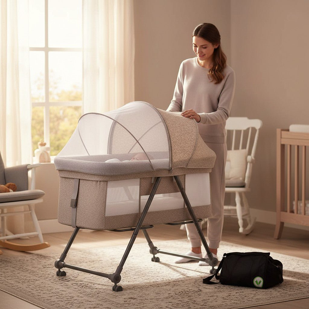 Lit cododo unisexe installé en mode co-sleeping dans une chambre parentale