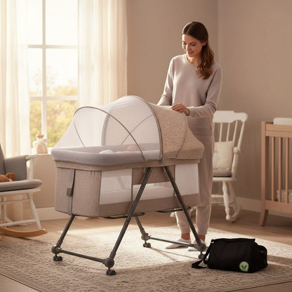 Lit cododo unisexe installé en mode co-sleeping dans une chambre parentale