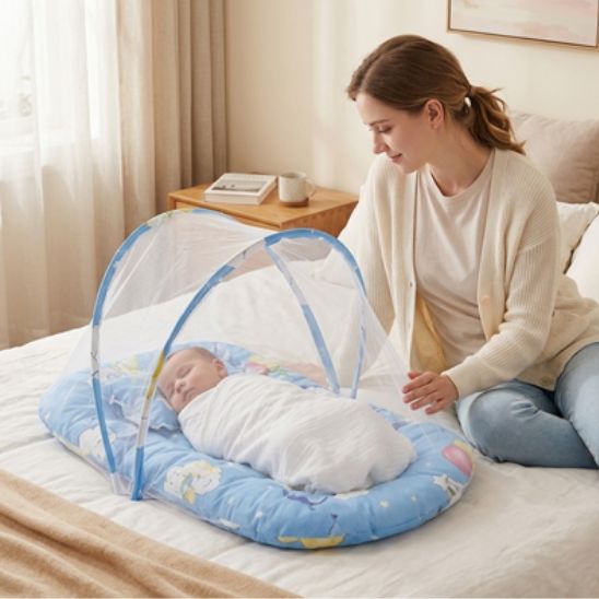 Lit moustiquaire bebe bleu maman bébé qui dort protection insectes