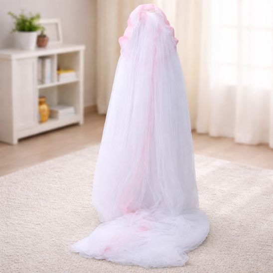 Lit moustiquaire bebe Spot Céleste blanc et rose hauteur complète 160 cm voile déployé
