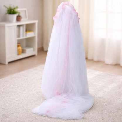 Lit moustiquaire bebe Spot Céleste blanc et rose hauteur complète 160 cm voile déployé
