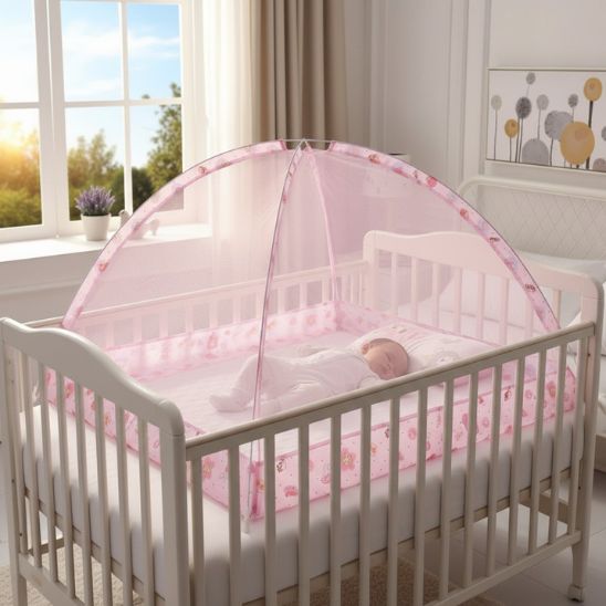 Lit moustiquaire bebe Spot Dôme rose sur lit à barreaux blanc bébé qui dort
