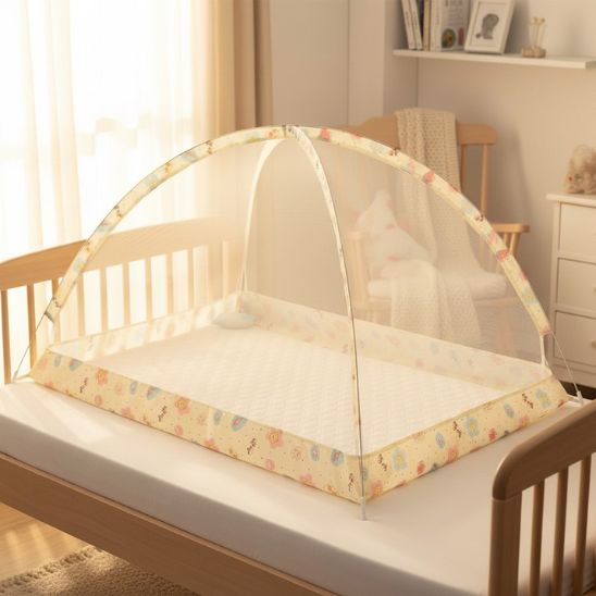 Lit moustiquaire bebe Spot Dôme beige posé sur lit à barreaux en bois naturel
