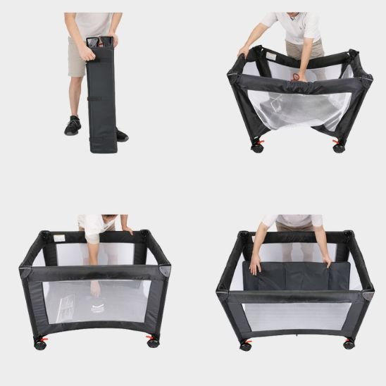 Lit parapluie bébé pliable et sécurisé utilisé comme parc bébé