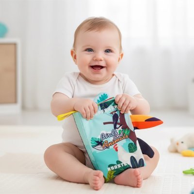 Livre bebe en tissus avec textures variées et pages bruissantes