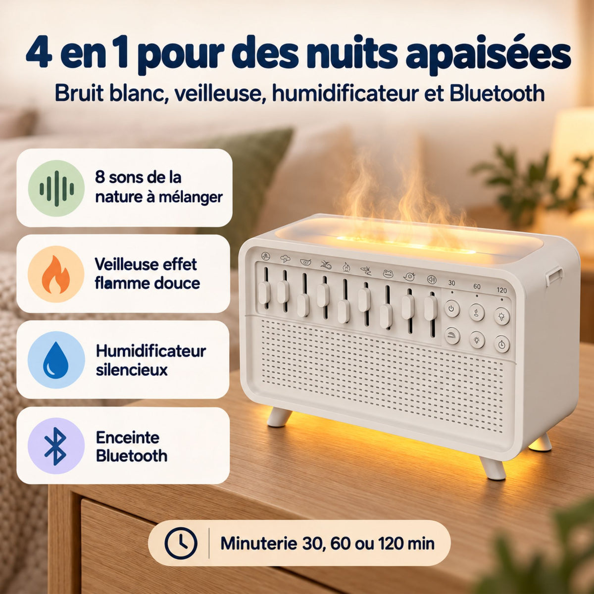 Machine bruit blanc 4 en 1 : sons de la nature, veilleuse flamme, humidificateur et Bluetooth