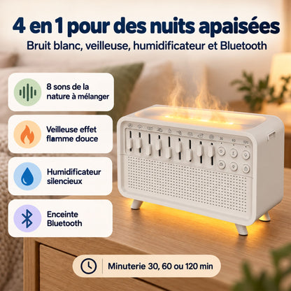 Machine bruit blanc 4 en 1 : sons de la nature, veilleuse flamme, humidificateur et Bluetooth