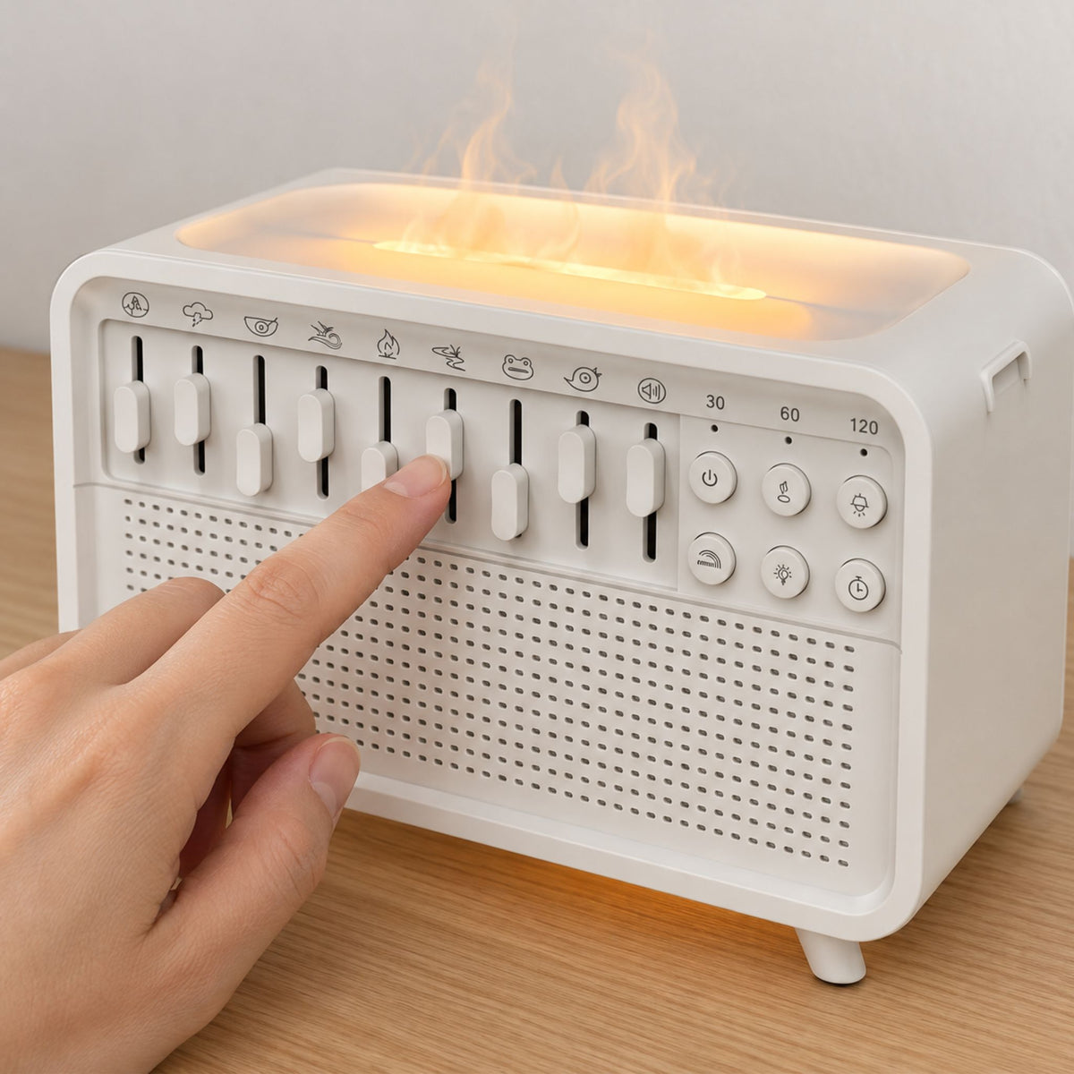 Main qui règle les curseurs de sons de la machine bruit blanc humidificateur
