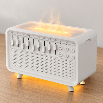 Machine bruit blanc humidificateur blanche allumée, effet flamme et lumière douce