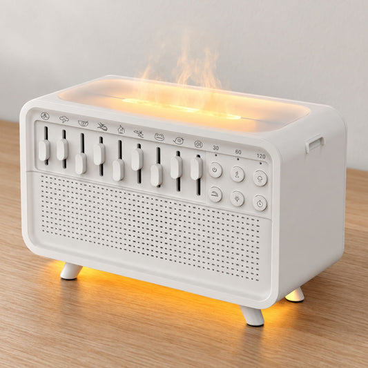 Machine bruit blanc humidificateur blanche allumée, effet flamme et lumière douce