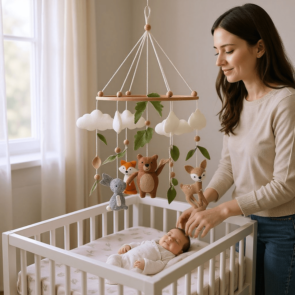 Mobile bébé animaux de la forêt en feutrine au-dessus du berceau, déco scandinave naturelle, matières douces et sûres – Spot Bébé