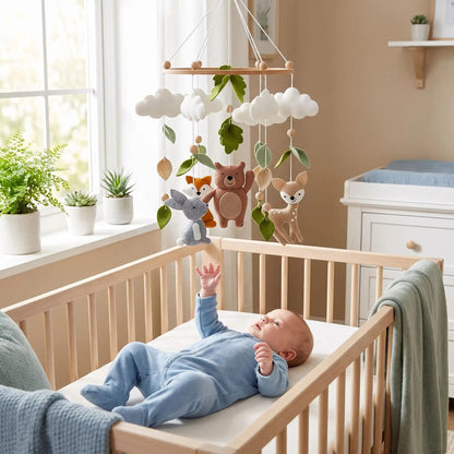 Mobile bébé garçon animaux de la forêt en feutrine – lapin, renard, ours et faon suspendus au-dessus d'un lit de bébé en bois naturel, chambre bébé garçon décorée en bleu et vert sauge