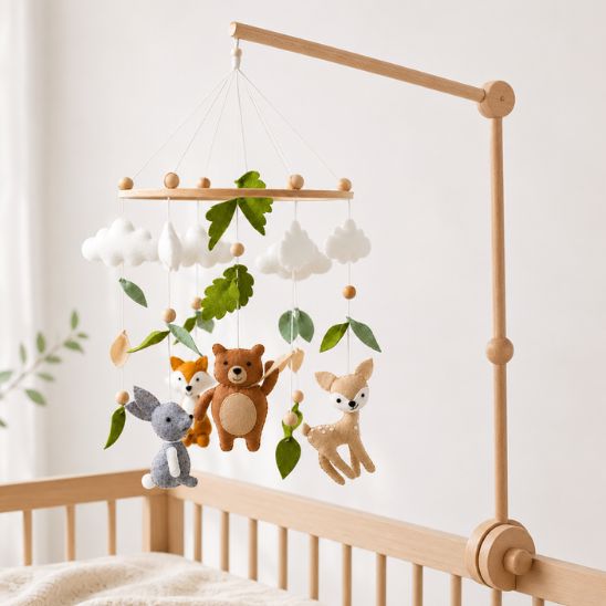 Mobile bébé animaux de la forêt en feutrine fixé sur son support en bois au-dessus du lit