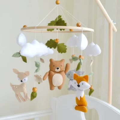 Vue du mobile bébé forêt en feutrine et bois naturel
