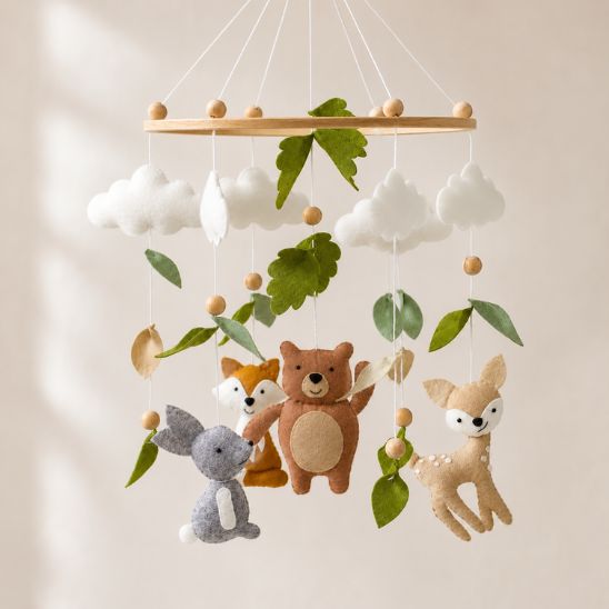 Mobile bébé animaux de la forêt en feutrine avec nuages et feuilles, suspendu