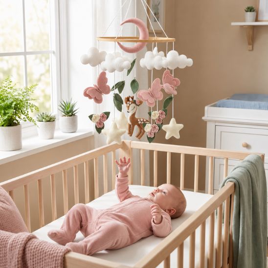 Mobile bébé bois rose avec faon, papillons et nuages au-dessus du lit de bébé