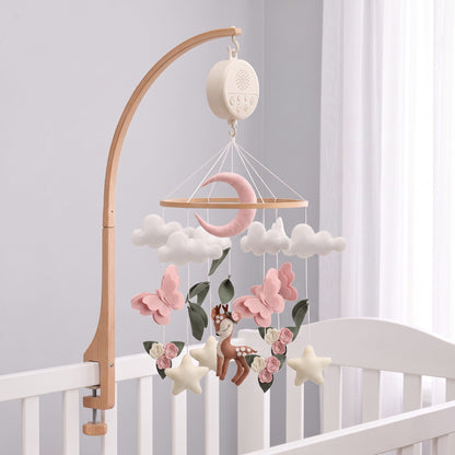 Mobile bébé bois fait main avec bras en bois et boîte musicale pour berceau