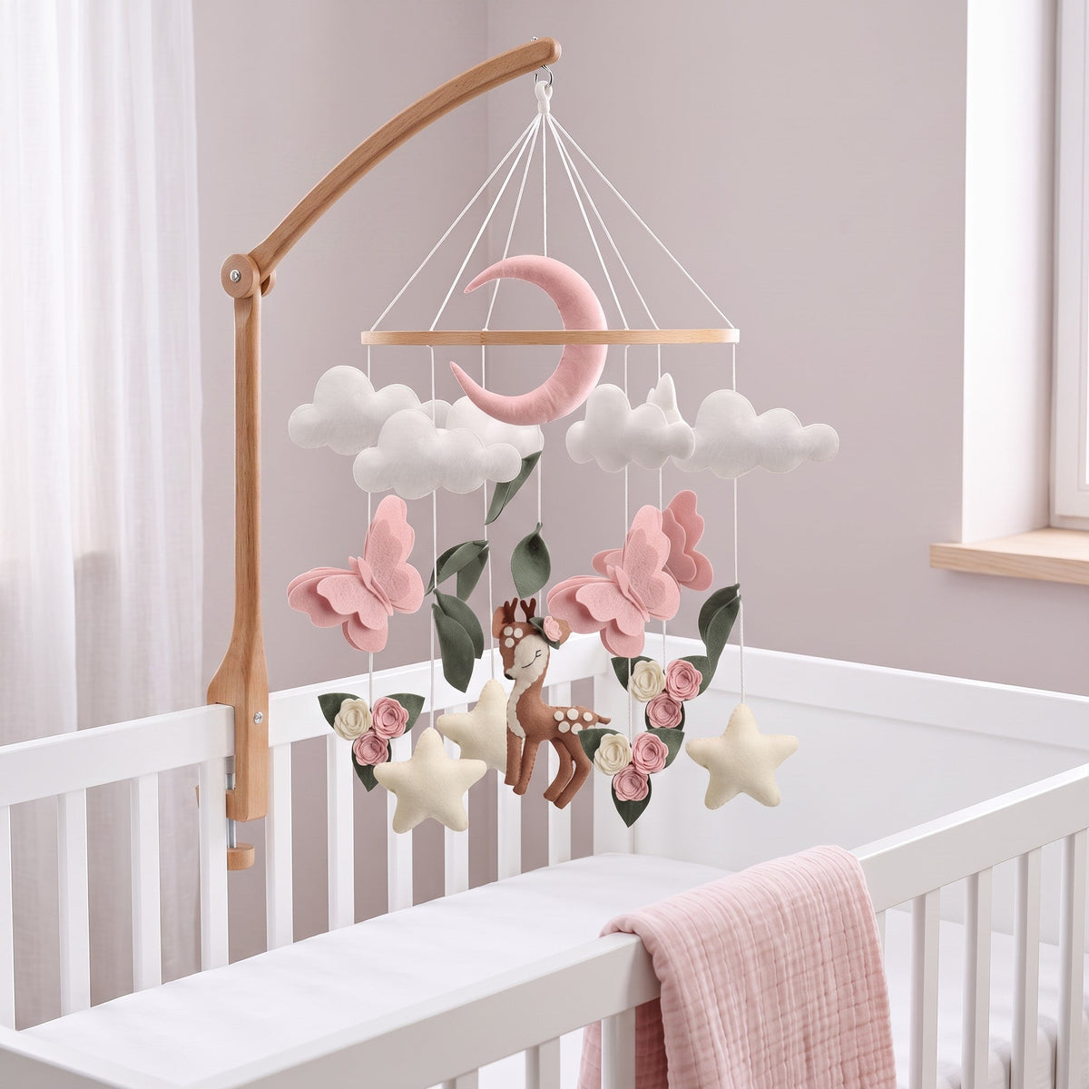 Mobile bébé bois fait main avec bras en bois pour berceau bébé