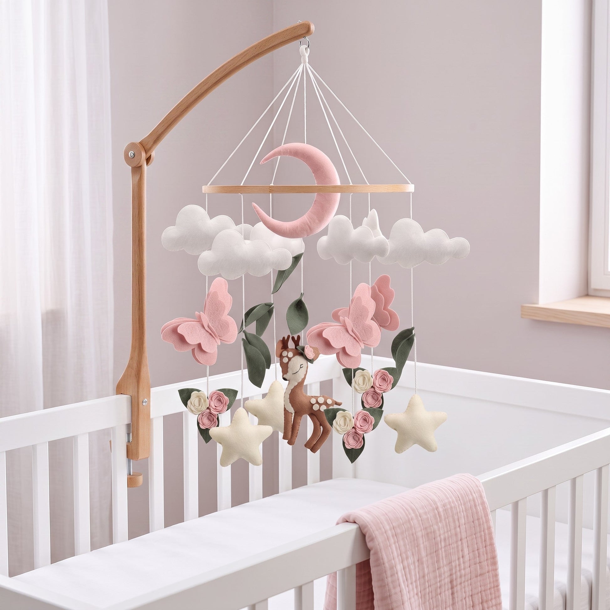 Mobile bébé bois fait main avec bras en bois pour berceau bébé