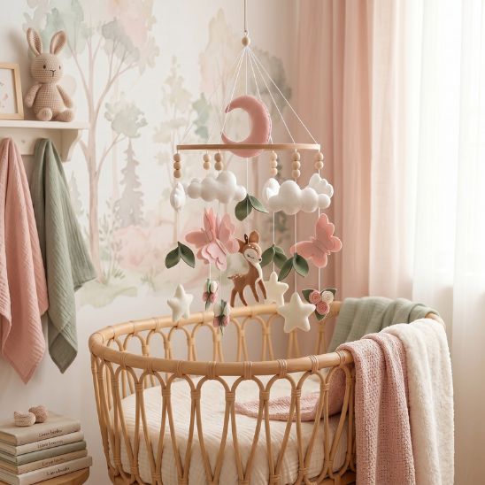 Mobile bébé fille fait main avec cerf, papillons roses, nuages et lune en feutrine, suspendu au-dessus d'un berceau en rotin dans une chambre bébé rose poudré et vert sauge — spotbebe.fr