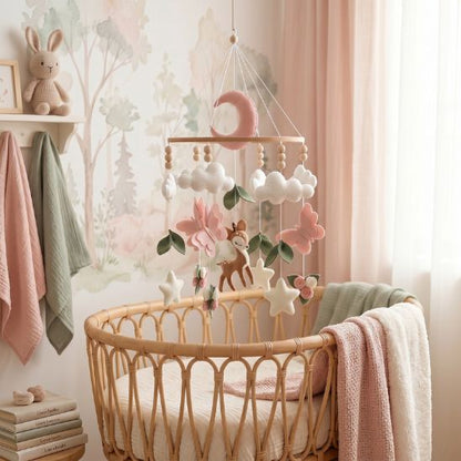 Mobile bébé fille fait main avec cerf, papillons roses, nuages et lune en feutrine, suspendu au-dessus d'un berceau en rotin dans une chambre bébé rose poudré et vert sauge — spotbebe.fr