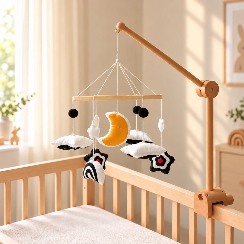 mobile bébé contrasté Petit Ciel avec lune moutarde, étoiles et coussins noir et blanc sur un bras en bois