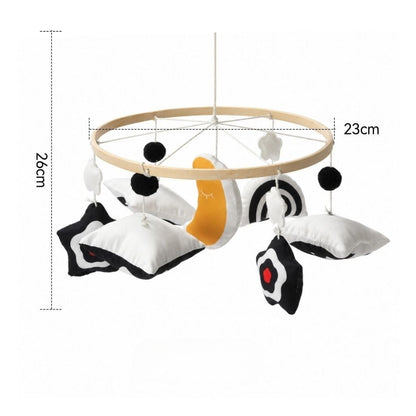 dimensions du mobile bébé contrasté Pleine Lune, cerceau de 23 cm et 26 cm de hauteur