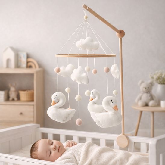 Mobile bébé cygnes et nuages vu de face au-dessus d’un lit bébé blanc
