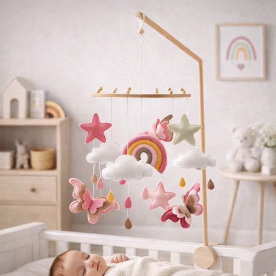 Mobile bébé fille arc-en-ciel & papillons fait main matériaux naturels