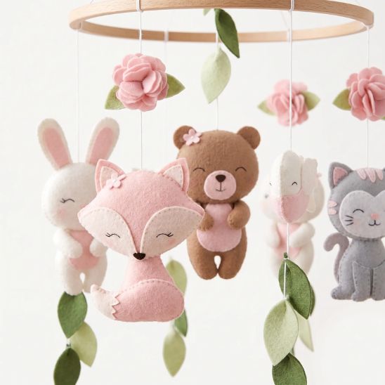Figurines animaux en tissu du mobile bébé fille rose et pastel