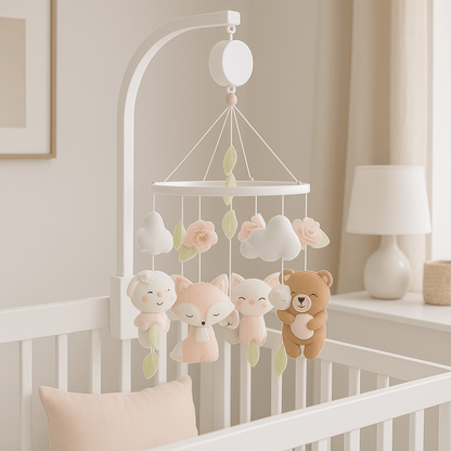 Mobile bébé fille musical complet avec support en bois blanc et boîte musicale 35 mélodies