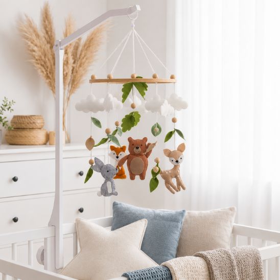 mobile bébé forêt des rêves fixé sur bras support dans une chambre cosy
