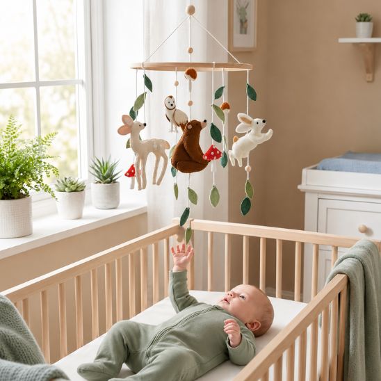 Mobile bébé forêt enchantée avec animaux en feutrine au-dessus du lit de bébé