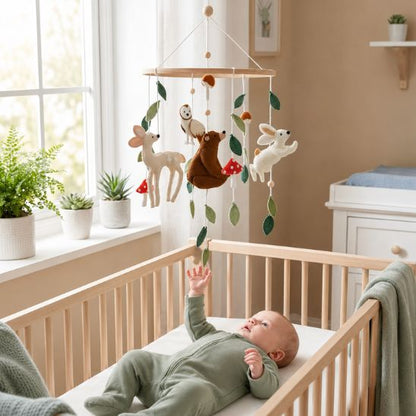 Mobile bébé forêt enchantée avec animaux en feutrine au-dessus du lit de bébé