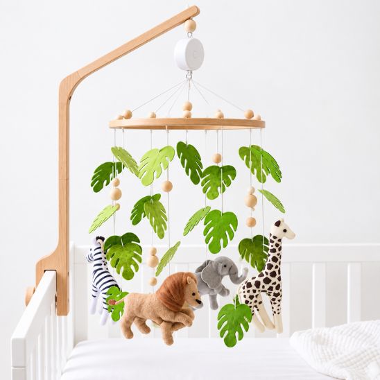 Mobile bébé Forêt Tropicale avec bras en bois et boîte musicale blanche