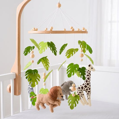 Mobile bébé Forêt Tropicale avec support en bois naturel fixé au li