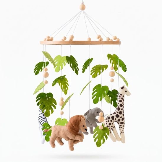 Mobile bébé Forêt Tropicale seul avec lion, girafe, éléphant et zèbre en feutrine
