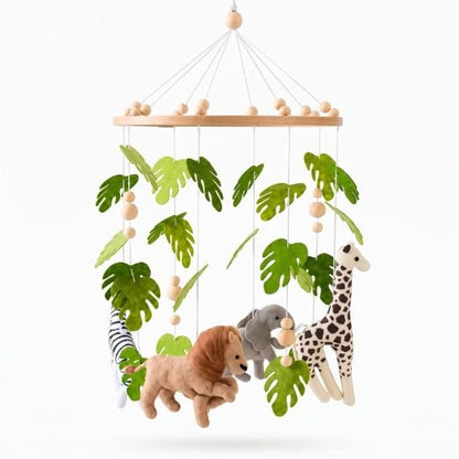 Mobile bébé Forêt Tropicale seul avec lion, girafe, éléphant et zèbre en feutrine