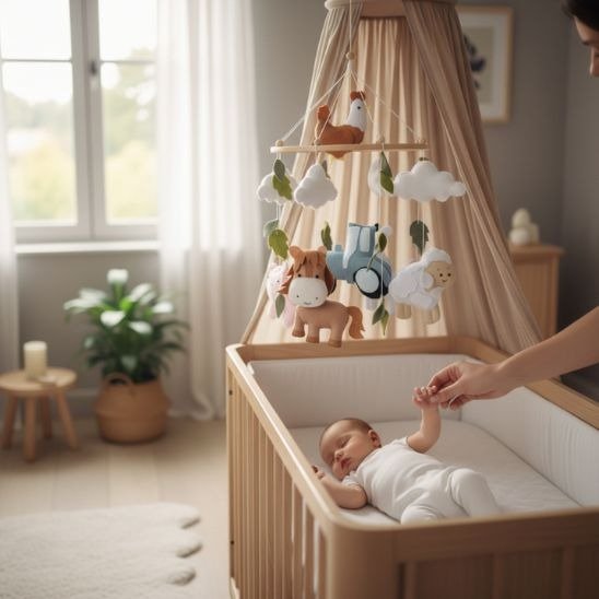 Mobile bébé garçon animaux doux de la ferme suspendu au-dessus du berceau