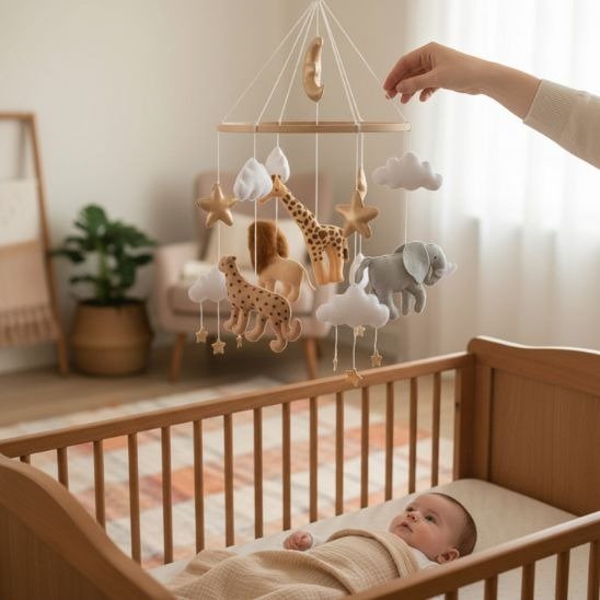 Mobile bébé garçon safari en feutrine avec anneau en bois naturel