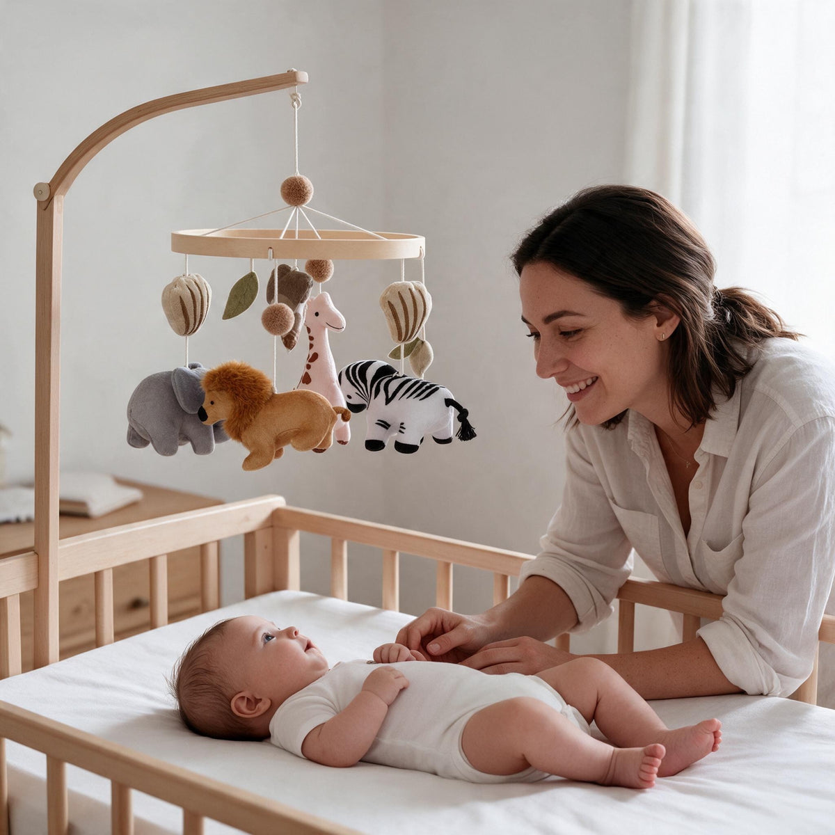 maman souriante avec son bébé sous le mobile bébé girafe Baobab modèle Brindille