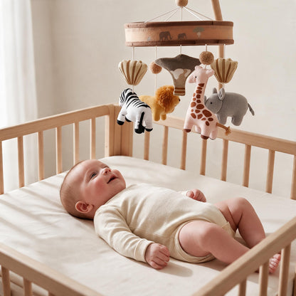 bébé allongé dans son lit en bois qui regarde le mobile bébé girafe Baobab Caravane