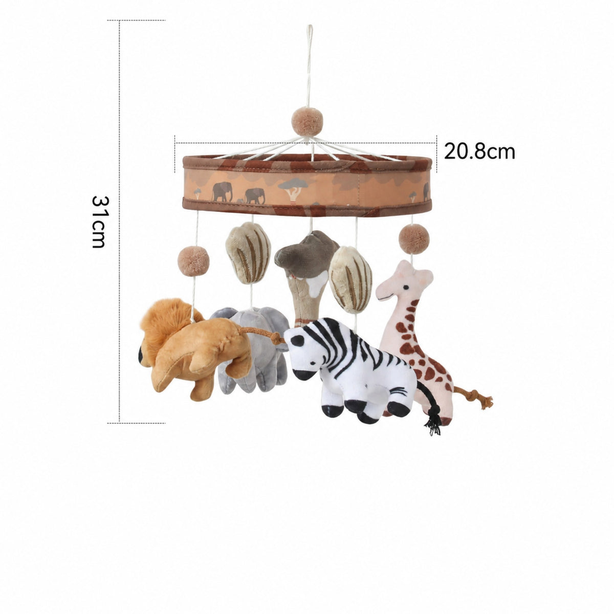 dimensions du mobile bébé girafe Baobab : 20,8 cm de diamètre et 31 cm de hauteur