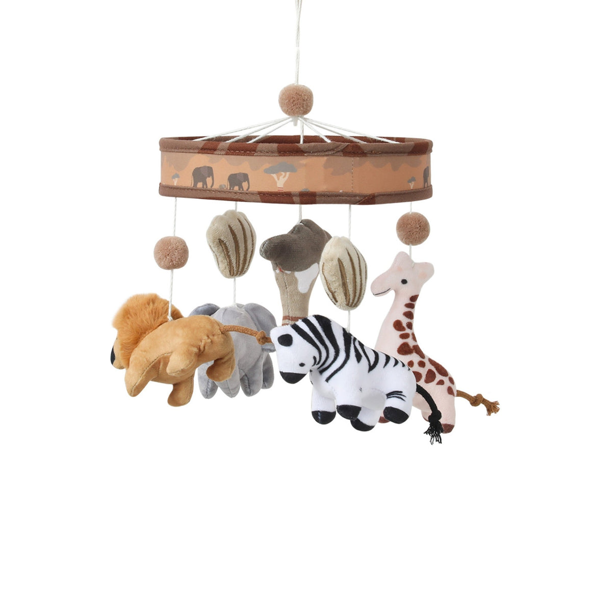 mobile bébé girafe Baobab Caravane sur fond blanc avec girafe, zèbre, lion, éléphant et pompons