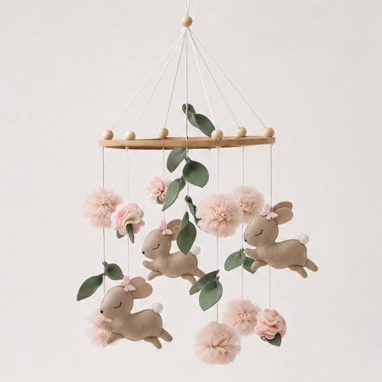 Mobile bébé lapin fille avec lapins en feutrine, fleurs roses et feuillage vert