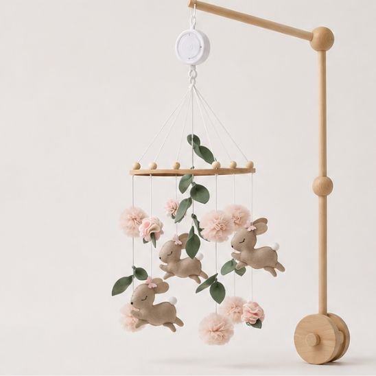 Pack musical mobile bébé lapin fille avec bras en bois et boîte musicale