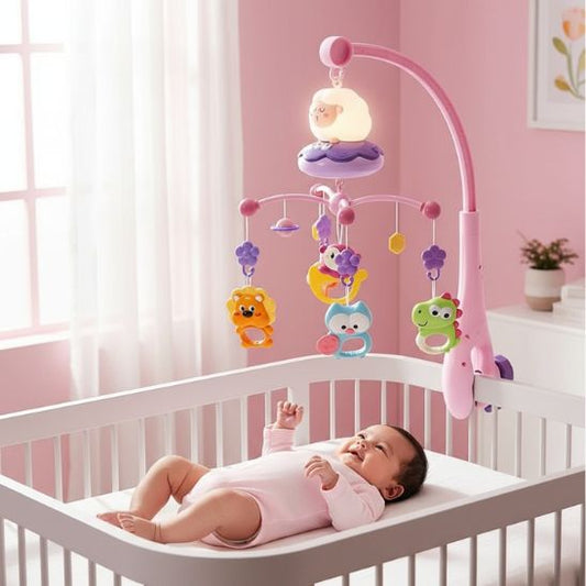 Mobile bébé lumineux et musical mouton rose bébé allongé berceau blanc chambre rose