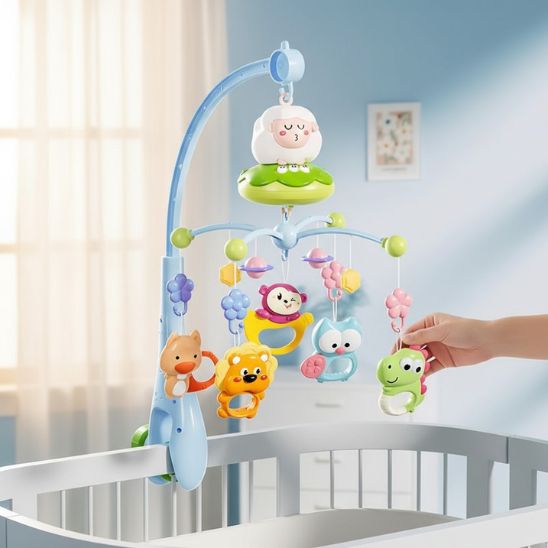 Mobile bébé lumineux et musical mouton vert main qui installe berceau blanc chambre bleue