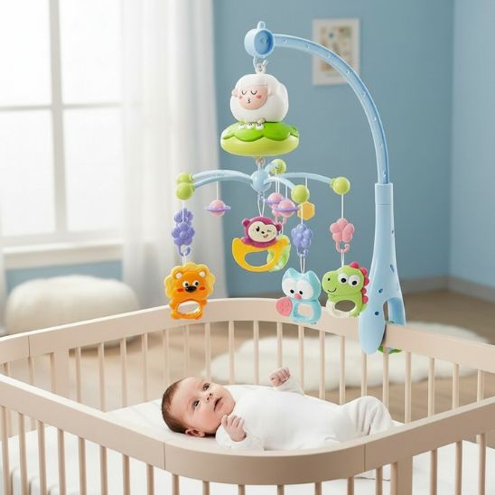 Mobile bébé lumineux et musical mouton vert bébé qui regarde berceau bois chambre claire