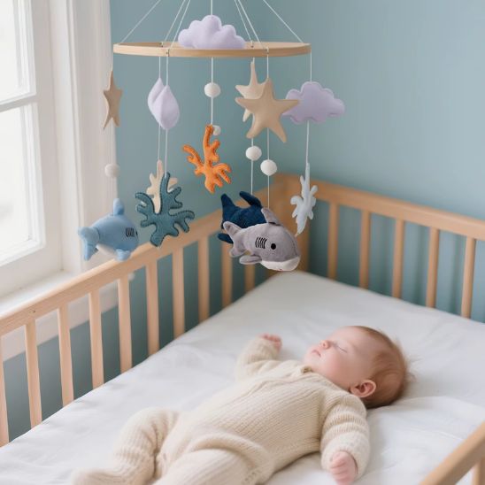 Mobile bébé marin en feutrine avec nuages et étoiles aux tons pastel